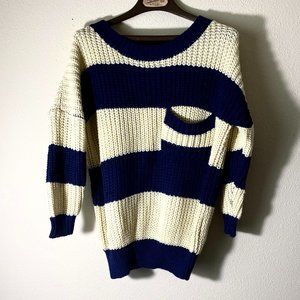 HOLD TIDE LADIES KNIT PULLOVER SWEATER MED COTTON BLEND BLUE/CREAM. NEW WITH TAG